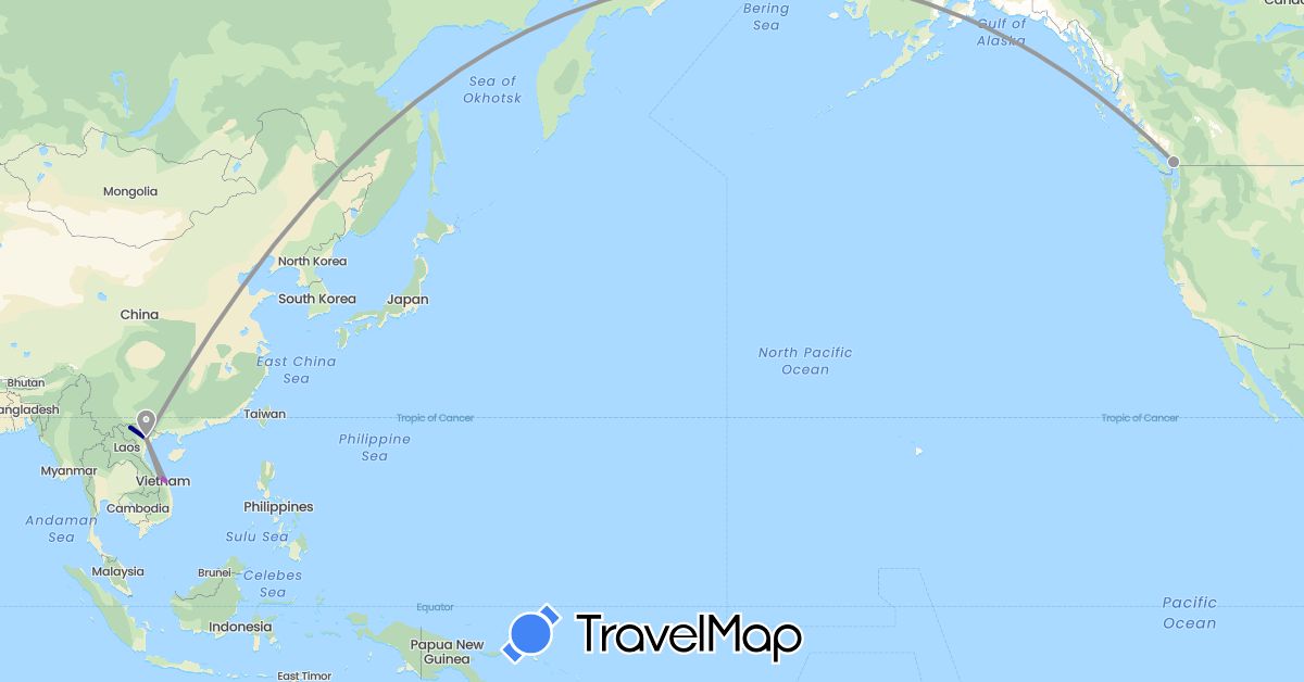 TravelMap itinerary: driving, bus, plane, cycling, train in Canada, Vietnam (Asia, North America)